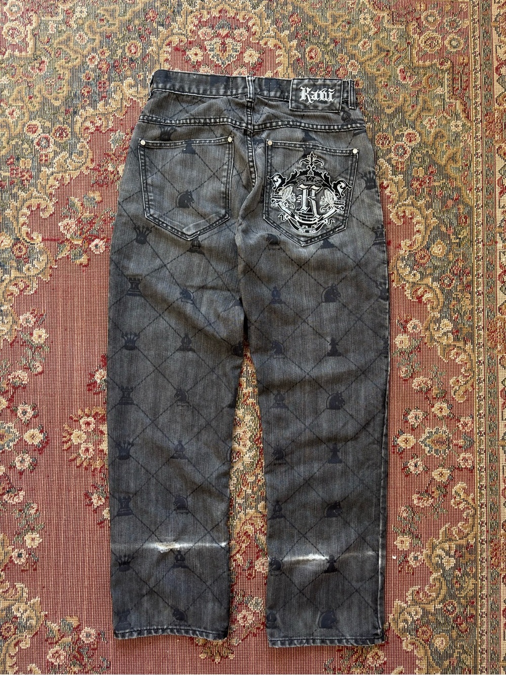 Y2K Karl Kani Men's Black Distressed Logo-Print Jeans